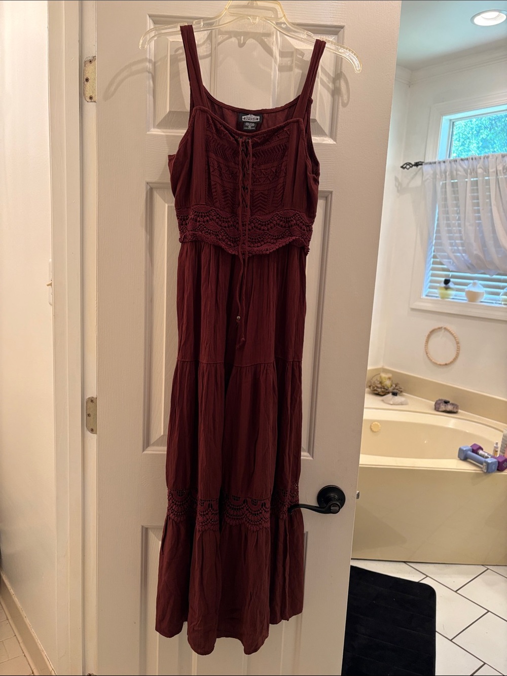 Angie Wine Crochet-Tiered Maxi Dress